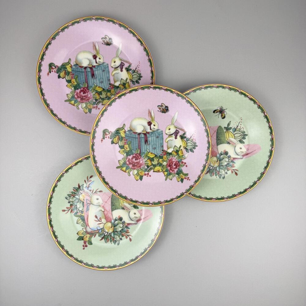 Williams Sonoma Famille Rose Salad Plates Bunny Set Of 4 Pink Green Easter